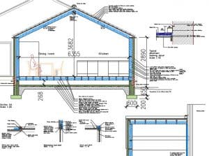 Detailed architectural section for modern residential extension, showcasing structural elements and interior layout.