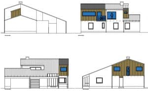 Contemporary house architectural plans with detailed elevations.