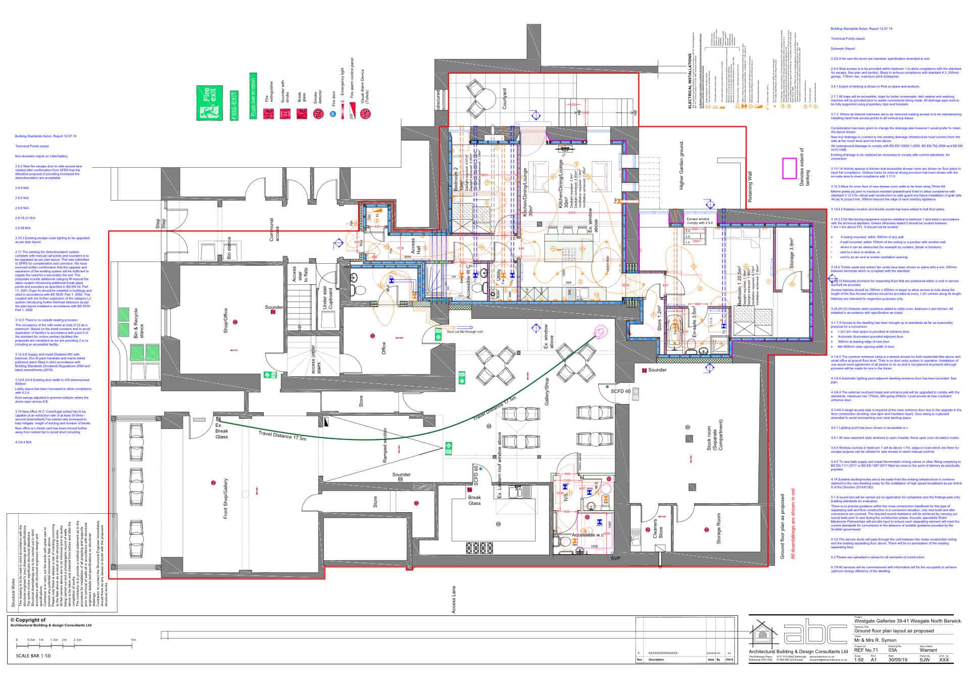Detailed architectural plan with annotations for residential building project by ABC Architecture.
