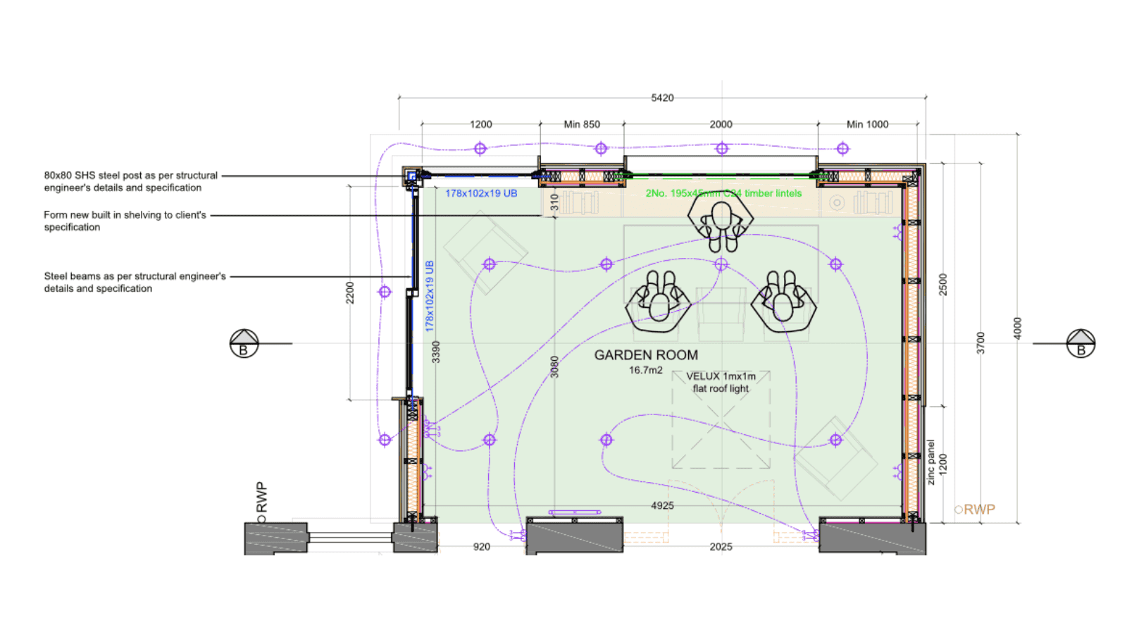 Elegant garden room blueprint showcasing design, construction details, and timber and steel framework.