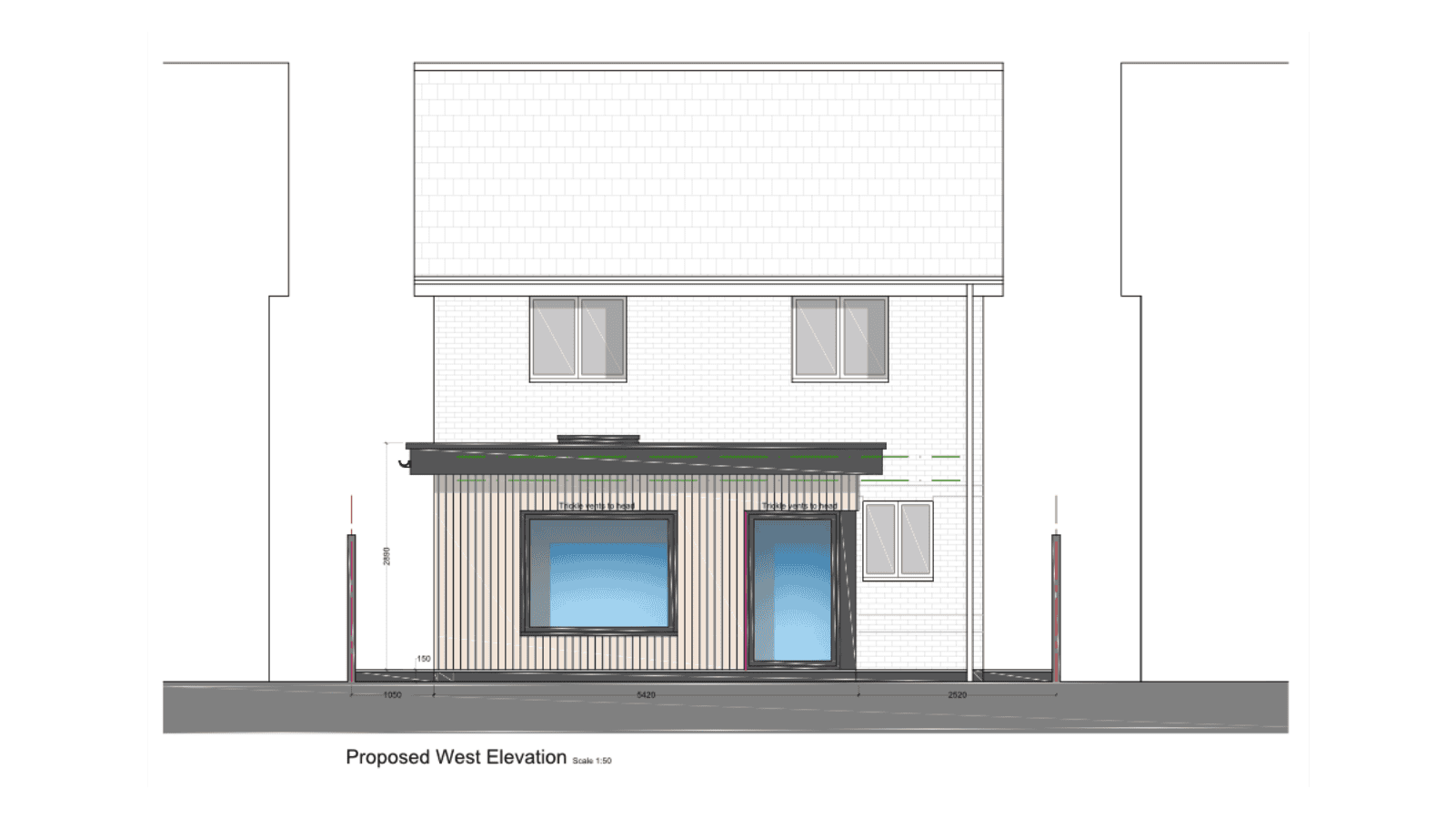 Elevated house front view showcasing contemporary architecture, large windows, and smart design elements.