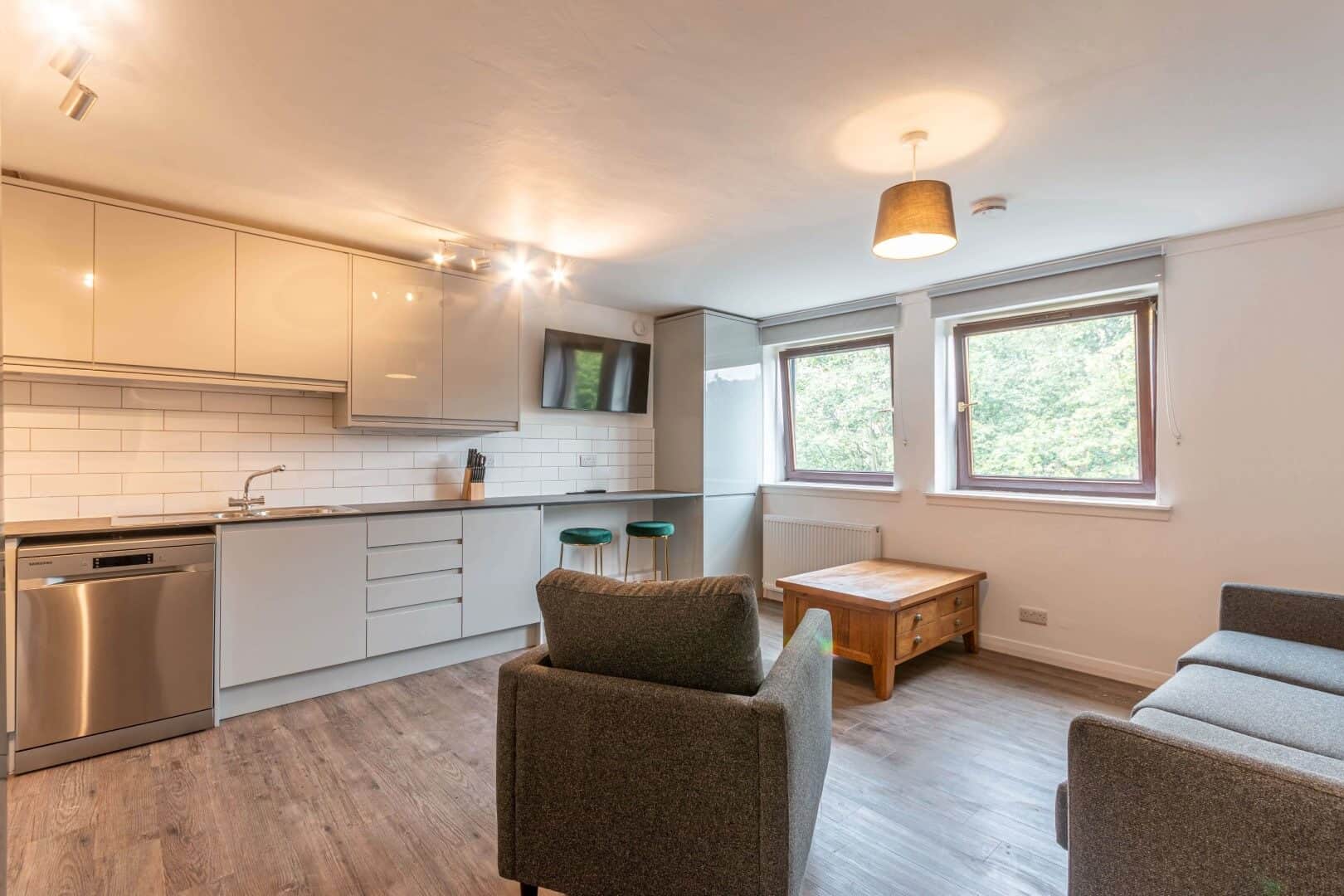 Bright, spacious apartment showcasing sleek kitchen and cosy seating area.