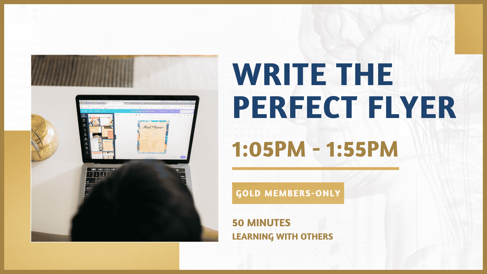 Person designing a flyer on a laptop for a professional event.