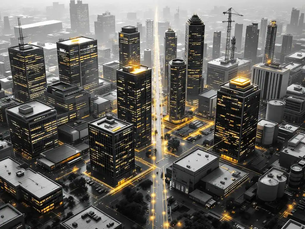 Luchtfoto van kantoorgebouwen en industriële faciliteiten met gele verbindingslijnen tussen verschillende bedrijfssectoren