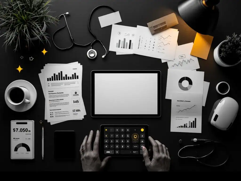 Bovenaanzicht van moderne bedrijfswellness-opstelling met gezondheidsformulieren, stethoscoop en tablet op donker bureau