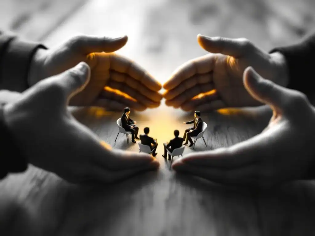 Handen vormen beschermende cirkel rond miniatuur zakenmensen in gesprek, zwart-wit met gele accentverlichting