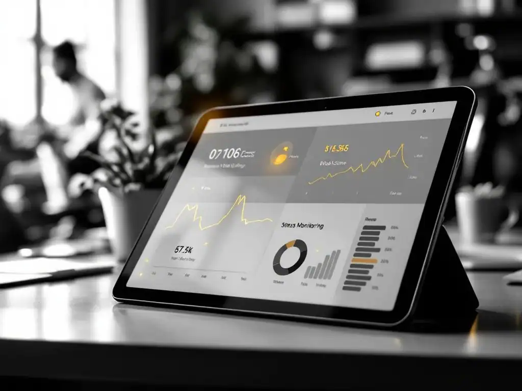Digitale tablet toont vitale functies grafieken op modern kantoorbureau met gele accenten en natuurlijk licht