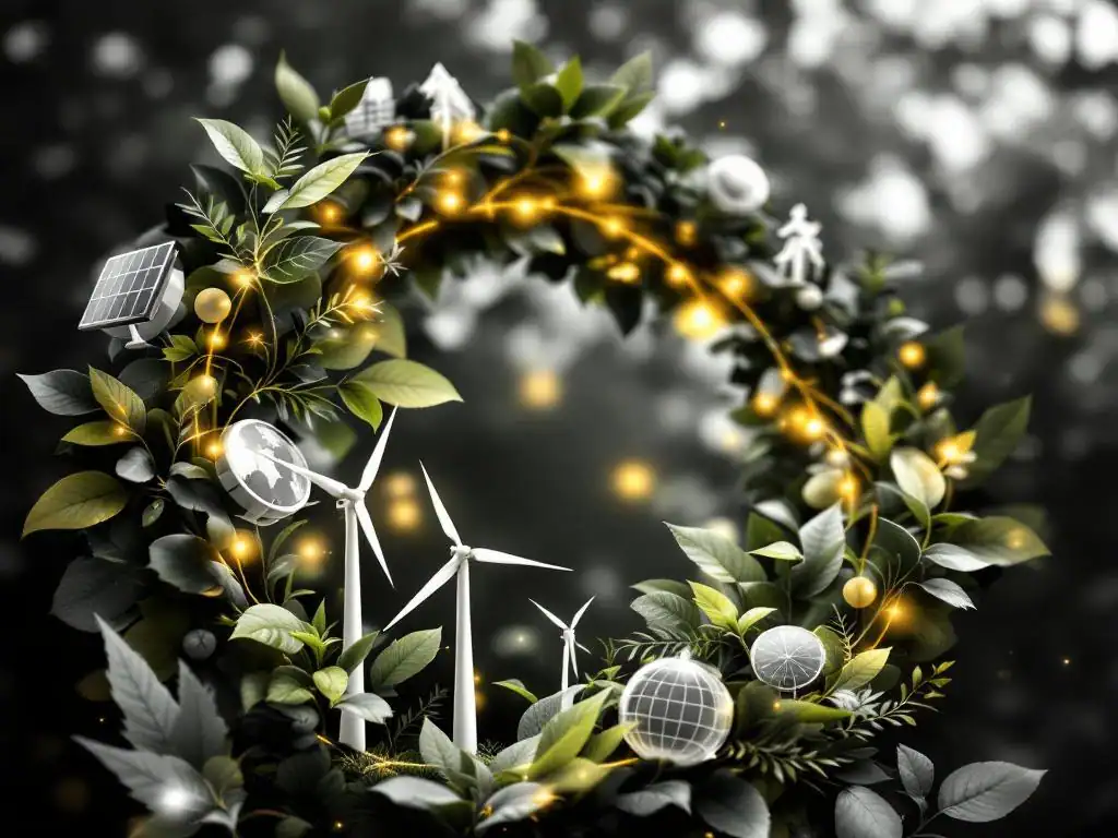 Groene bladeren verweven met zonnepanelen en windturbines in zwart-wit spiraalcompositie met gele accenten