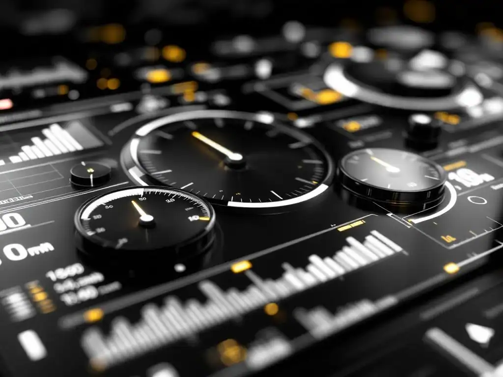 Moderne dashboard met gezondheidsmeters en digitale displays in zwart-wit met gele accenten voor vitale statistieken