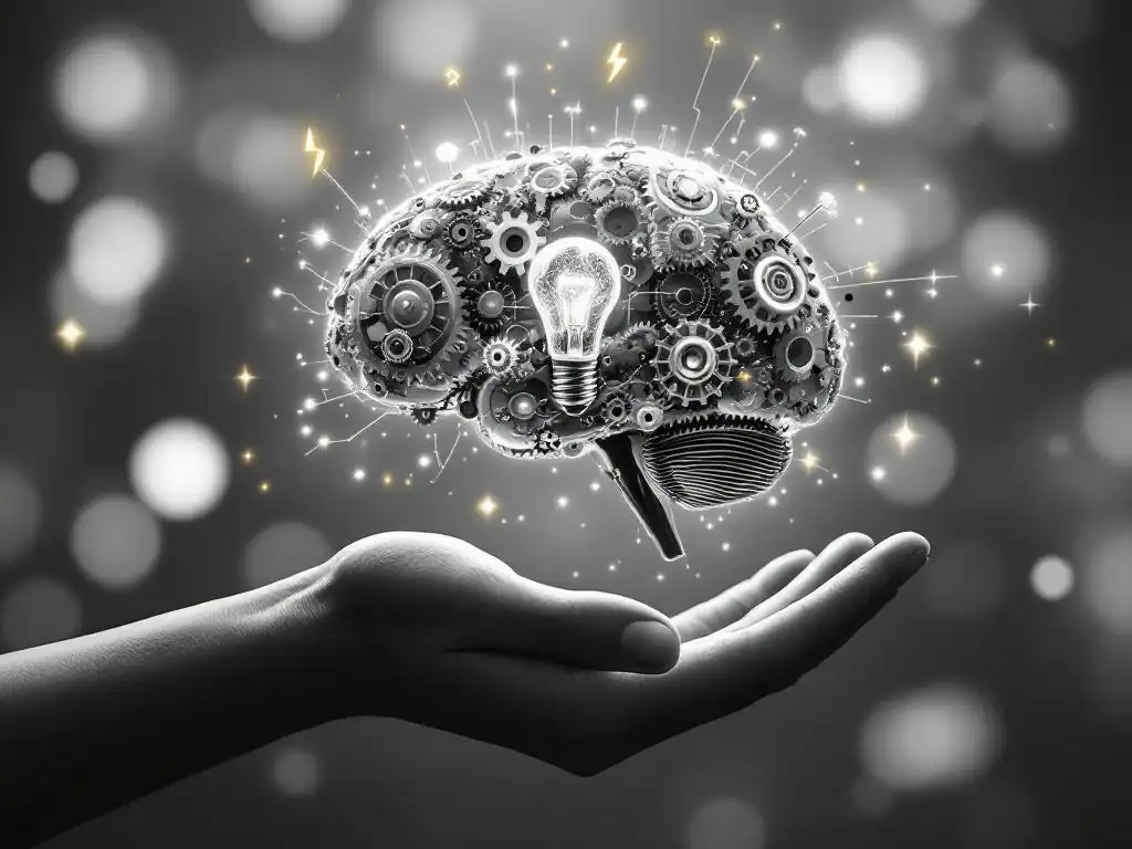 Hersenen van tandwielen en gloeilampfilamenten zweven boven open hand met energiegolven en gele accenten