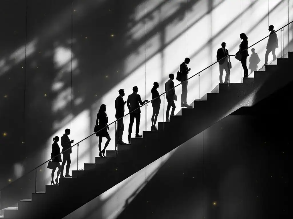 Diverse professionals op verschillende niveaus in modern kantoor, sommigen op trappen, anderen op platforms met gele accenten