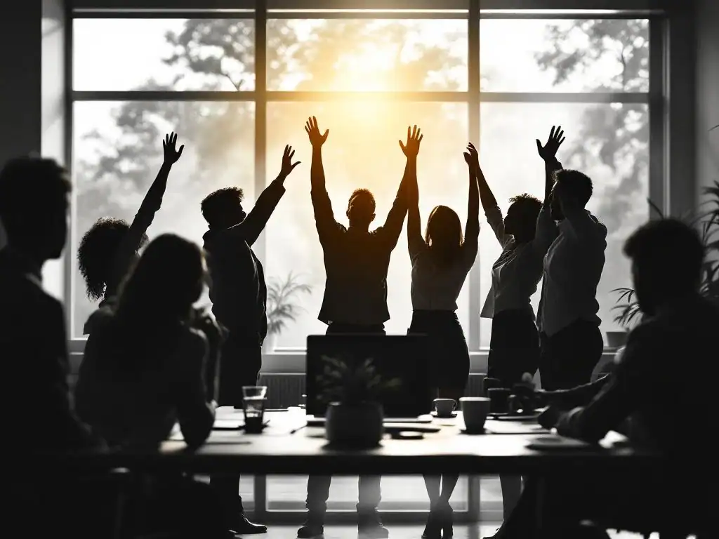 Professionals collaboreren rond vergadertafel met opgeheven handen, zwart-wit kantoor met gele accenten en natuurlijk licht