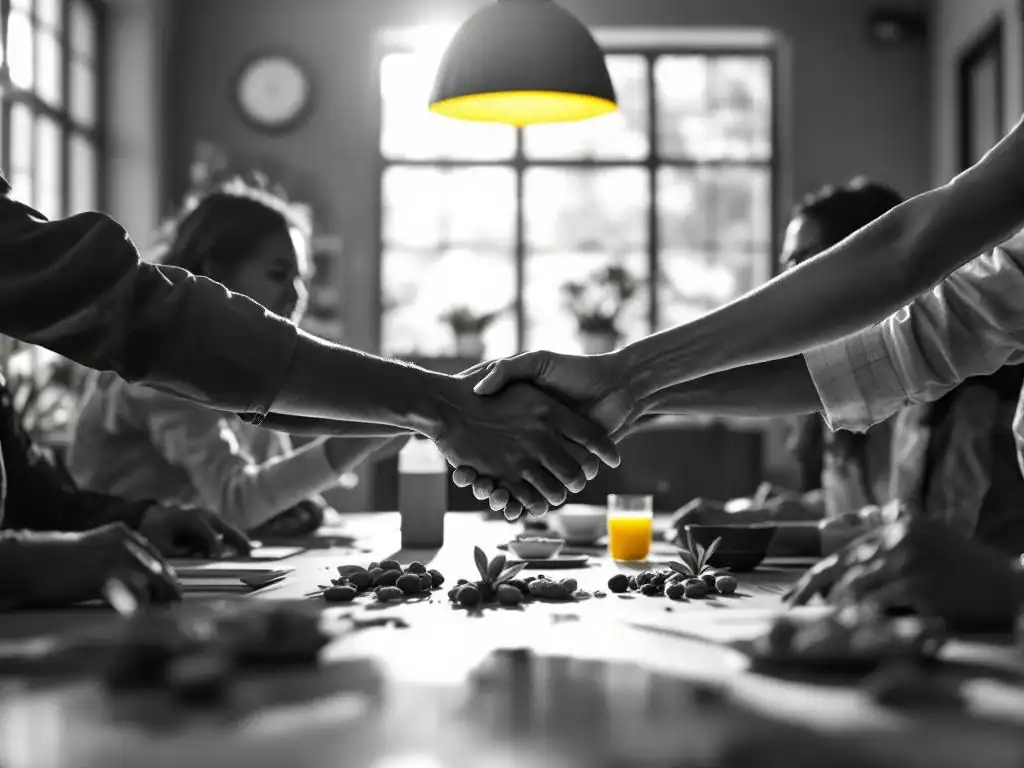 Diverse handen komen samen boven moderne vergadertafel met wellness elementen en gele accentverlichting in kantoor