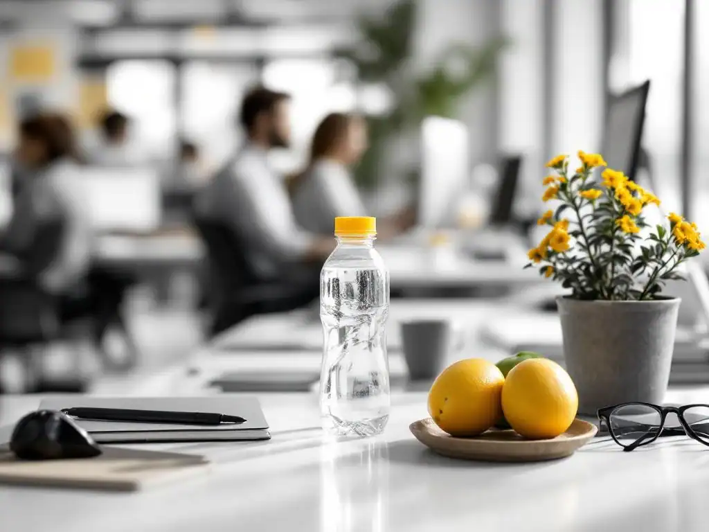 Moderne kantooromgeving met wellness items op bureau: waterfles, fruit, plant met gele bloemen, wazig personeel op achtergrond