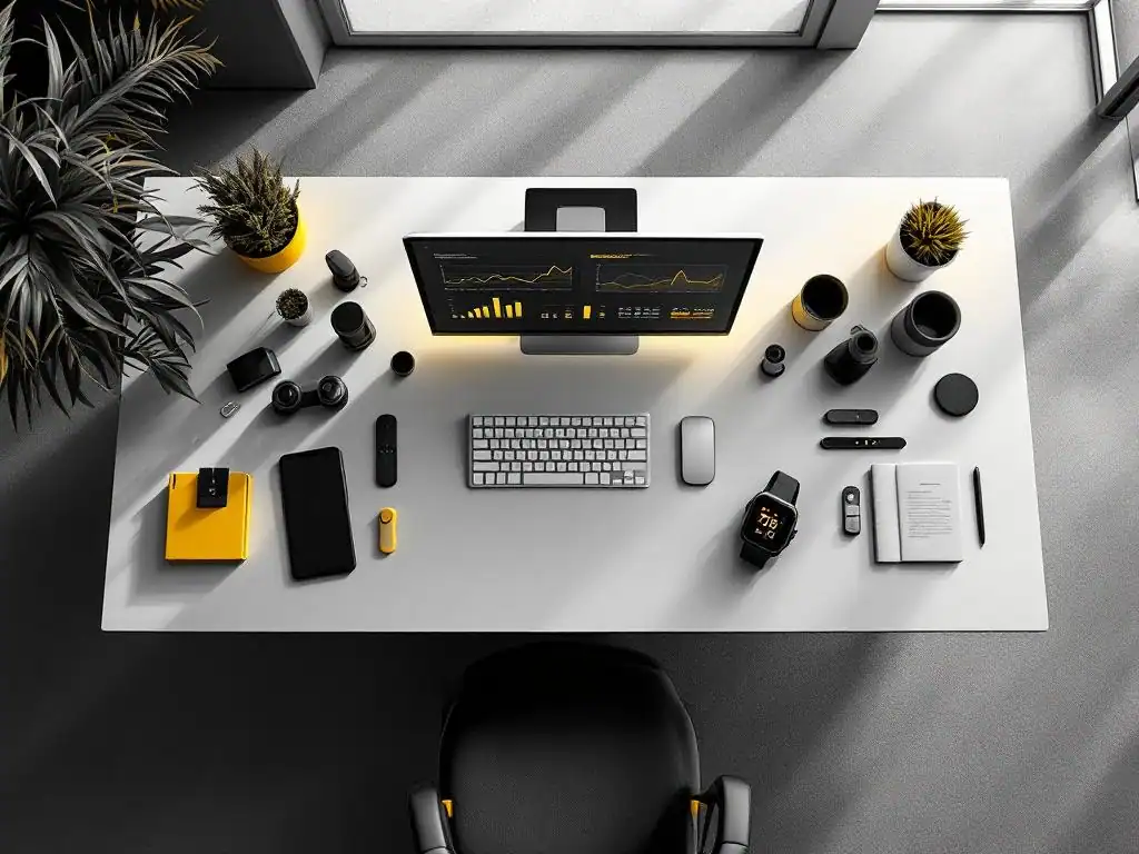 Moderne kantoorwerkplek met wellness technologie, fitness trackers en gezondheidsmonitoring op bureau met gele accenten