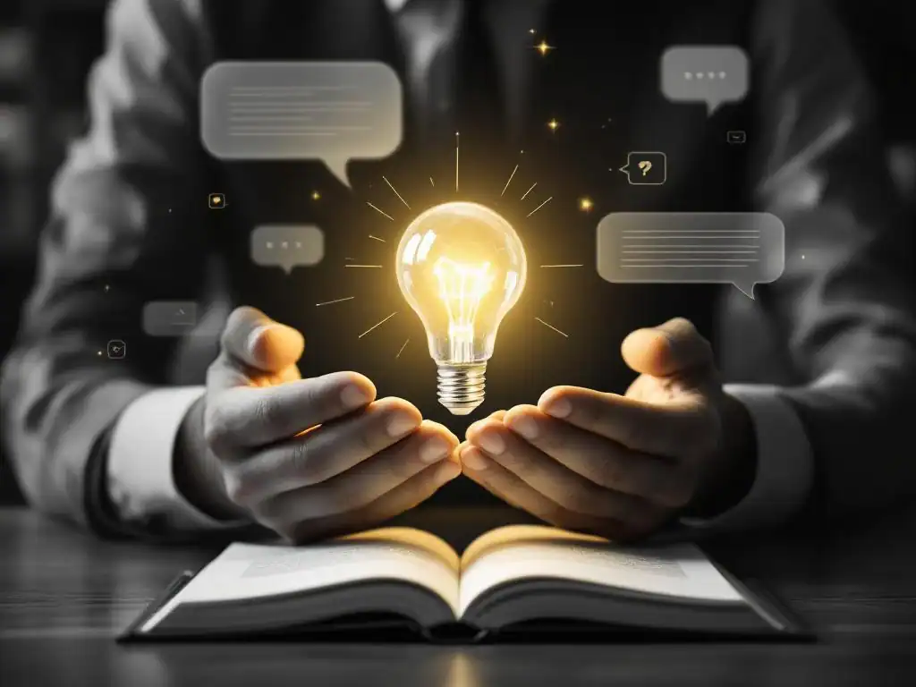 Handen houden gloeiende gloeilamp boven open boek met spraakballonnen, kantooromgeving op achtergrond