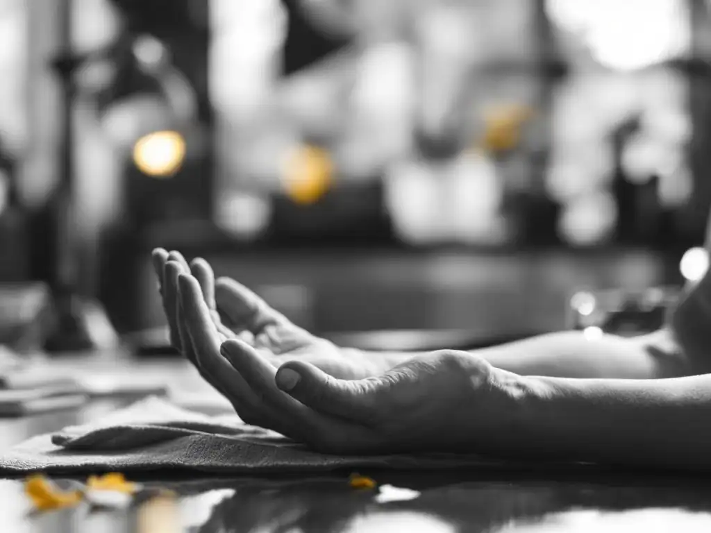 Handen in meditatiepositie op kantoor met zachte belichting en gele accenten voor werkplek wellness