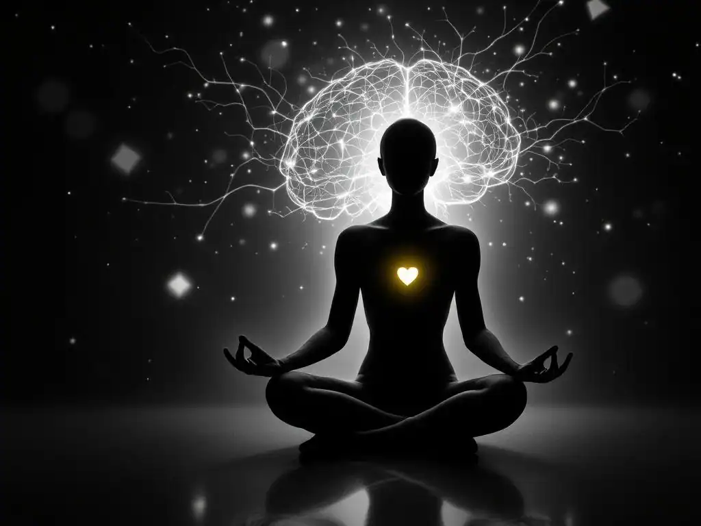 Persoon in meditatie houding omringd door hersensignalen en energiegolven met gele accenten voor mentale gezondheid