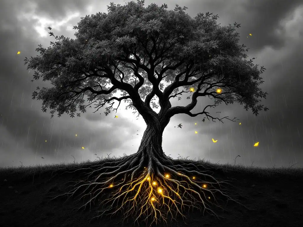 Zwart-wit boom met gele bladeren die storm doorstaat, wortels stevig verankerd, takken buigen in wind met dramatische wolken