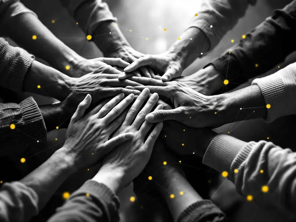 Diverse handen komen samen in collaboratief gebaar met gele accenten op verbindingspunten en netwerklijnen op grijze achtergrond