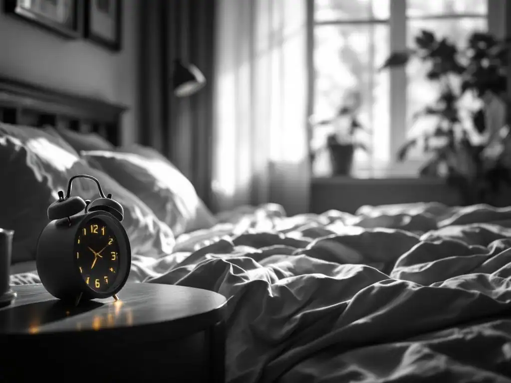 Zwart-wit slaapkamer met onopgemaakt bed in ochtendlicht, moderne wekker met gele display op nachtkastje