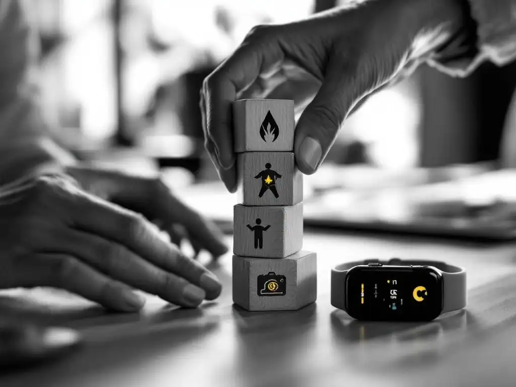 Handen stapelen houten verantwoordelijkheidsblokken op moderne bureau, zwart-wit met gele accenten op fitnesshorloge