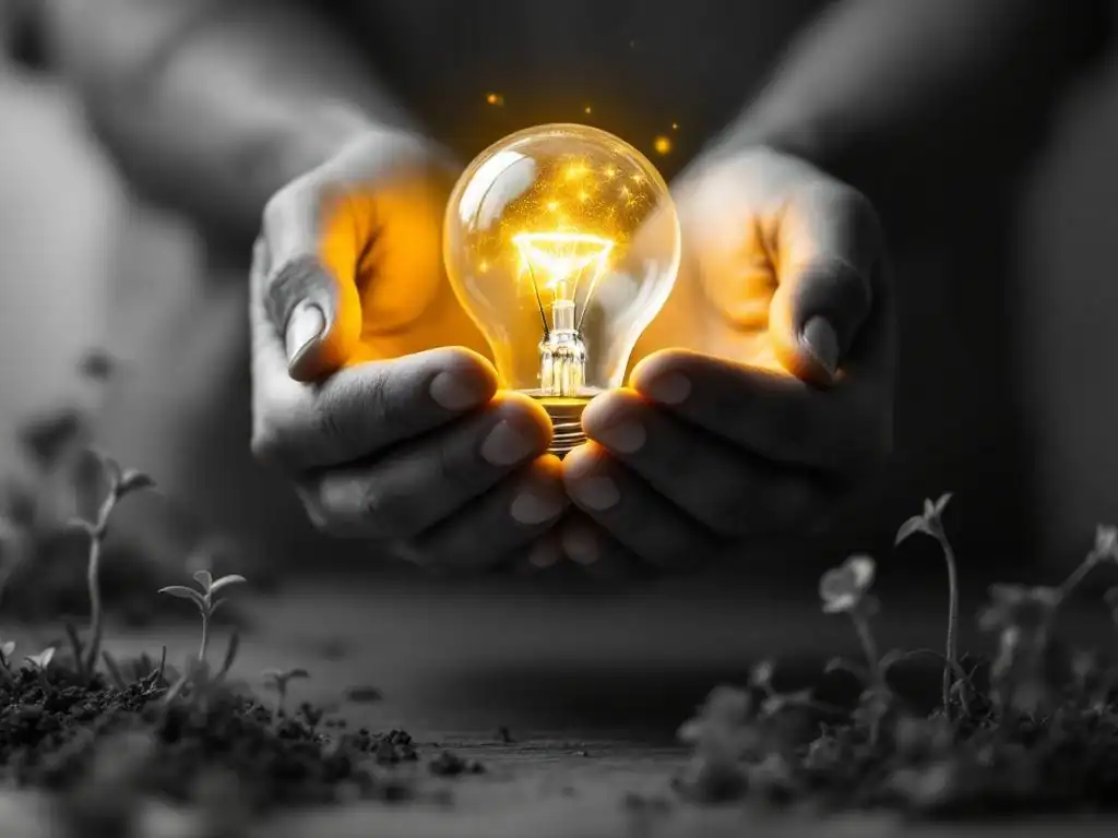 Handen die een gloeiende gloeilamp vasthouden met gele accenten, omringd door plantjes, symboliseert vitaliteit en bewustzijn