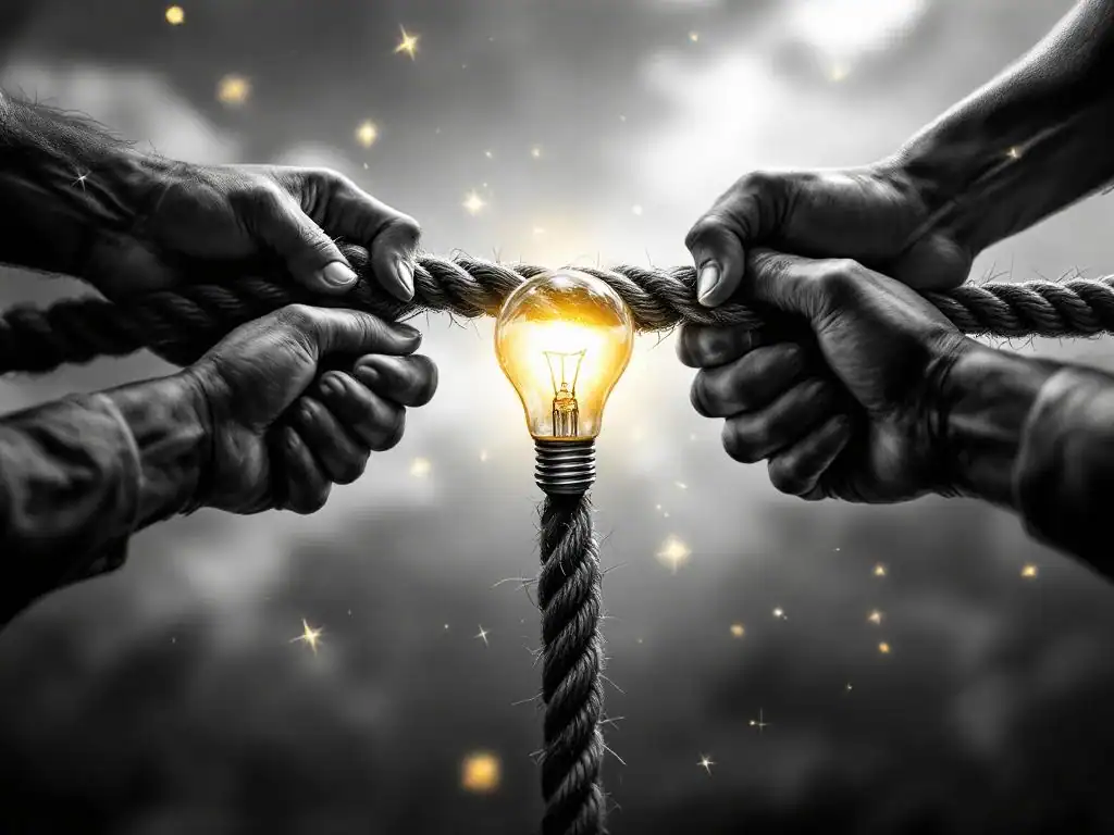 Touwtrekwedstrijd tussen handen die weerstand bieden en handen die trekken naar gloeiende gele gloeilamp