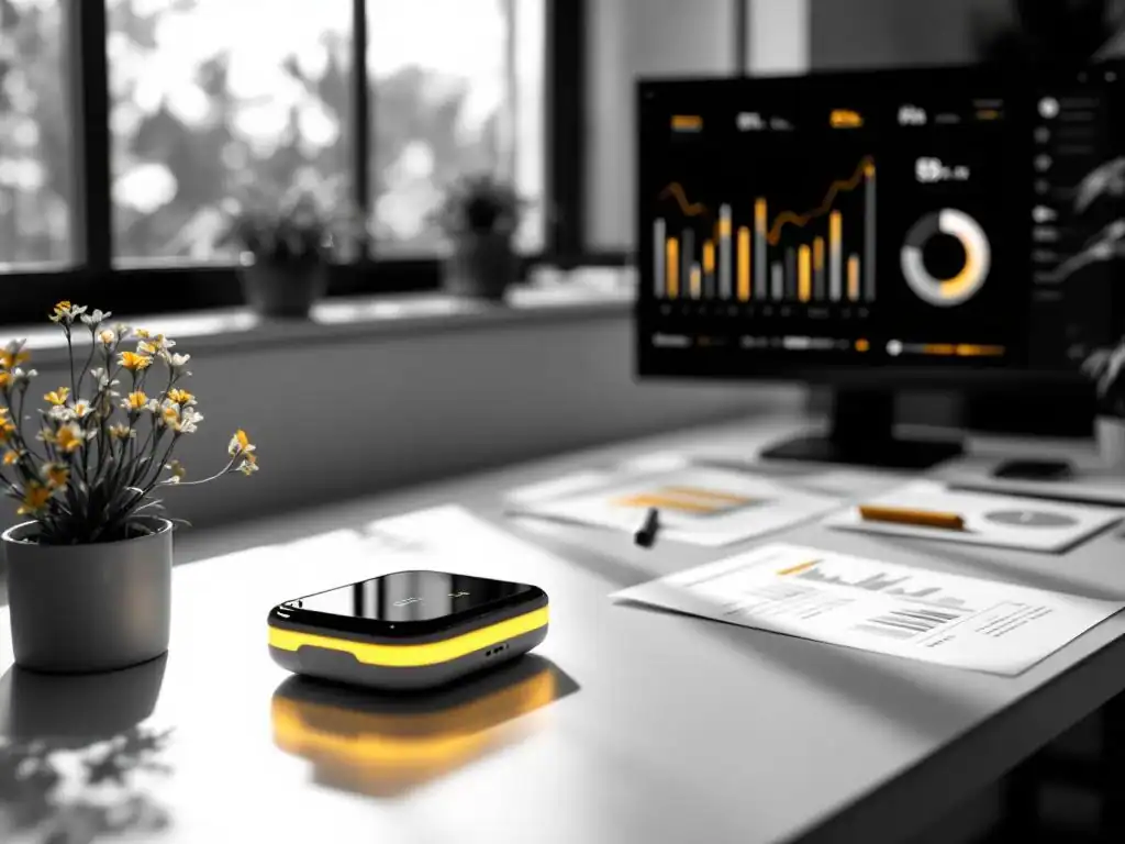 Moderne kantoorwerkplek met wellness-tracker, prestatieschermen en gezondheidsmetingen in zwart-wit met gele accenten