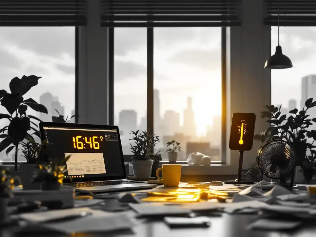 Moderne kantoorwerkplek in grijstinten met verwelkende planten, hoge temperatuur op thermometer en hittegolven van computers