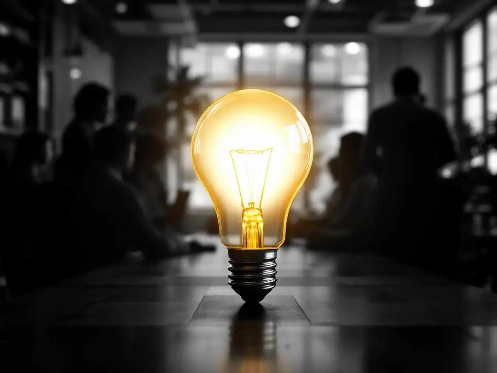 Gloeilamp met gele accenten omringd door menselijke silhouetten in cirkel, symboliseert teamvitaliteit en werkgeversmerk