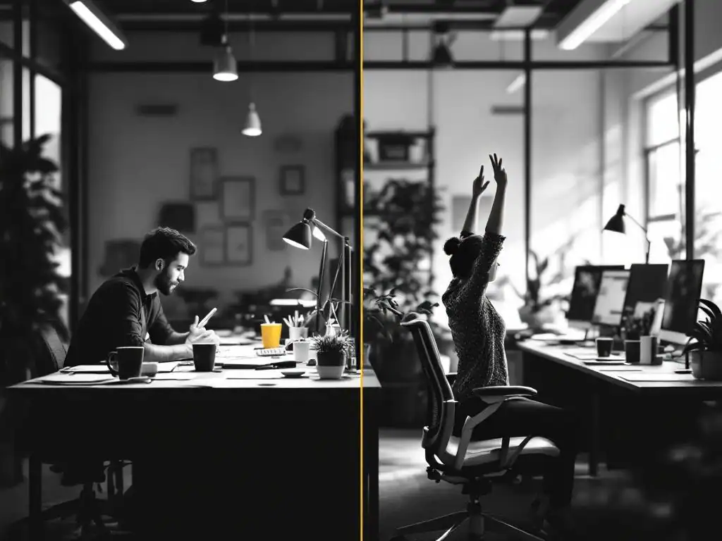 Kantooromgeving toont contrast tussen rommelige, stressvolle werkplek links en georganiseerde, ergonomische werkruimte rechts