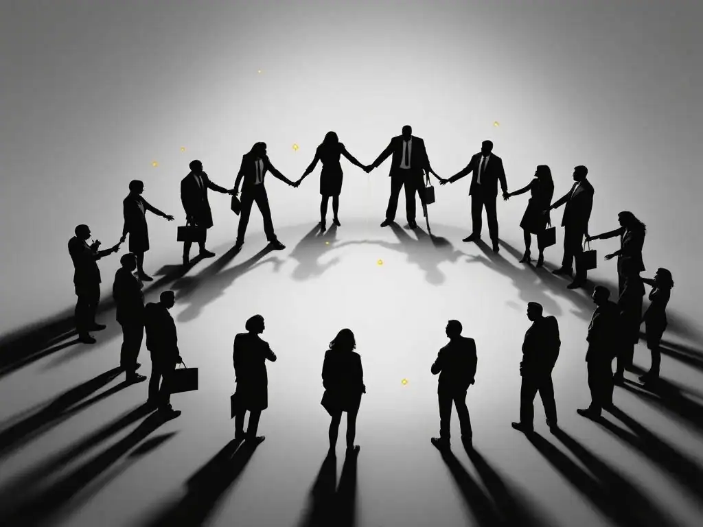 Diverse zakelijke professionals in cirkelformatie met gele accenten die teamwork en samenwerking symboliseren