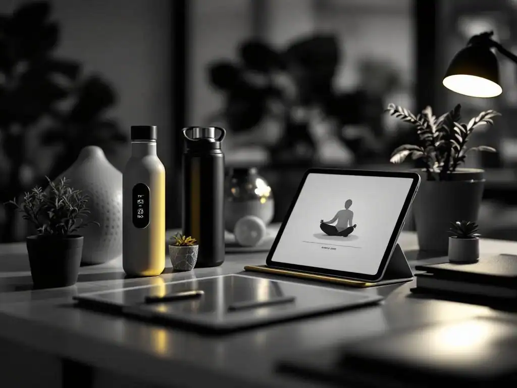 Moderne wellness-tools op bureau: fitnesstracker, stressbal, smoothie, meditatie-app op tablet en plantjes in zwart-wit