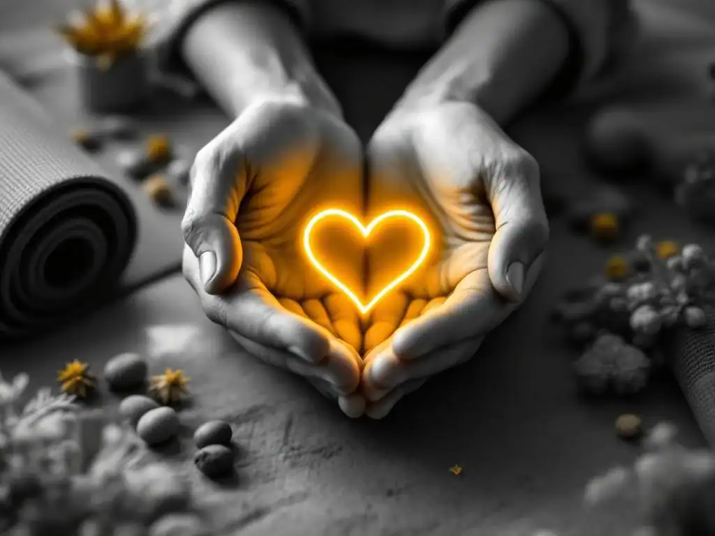 Handen die zorgzaam een gloeiend hart vasthouden, omringd door wellness elementen zoals yogamat en plant