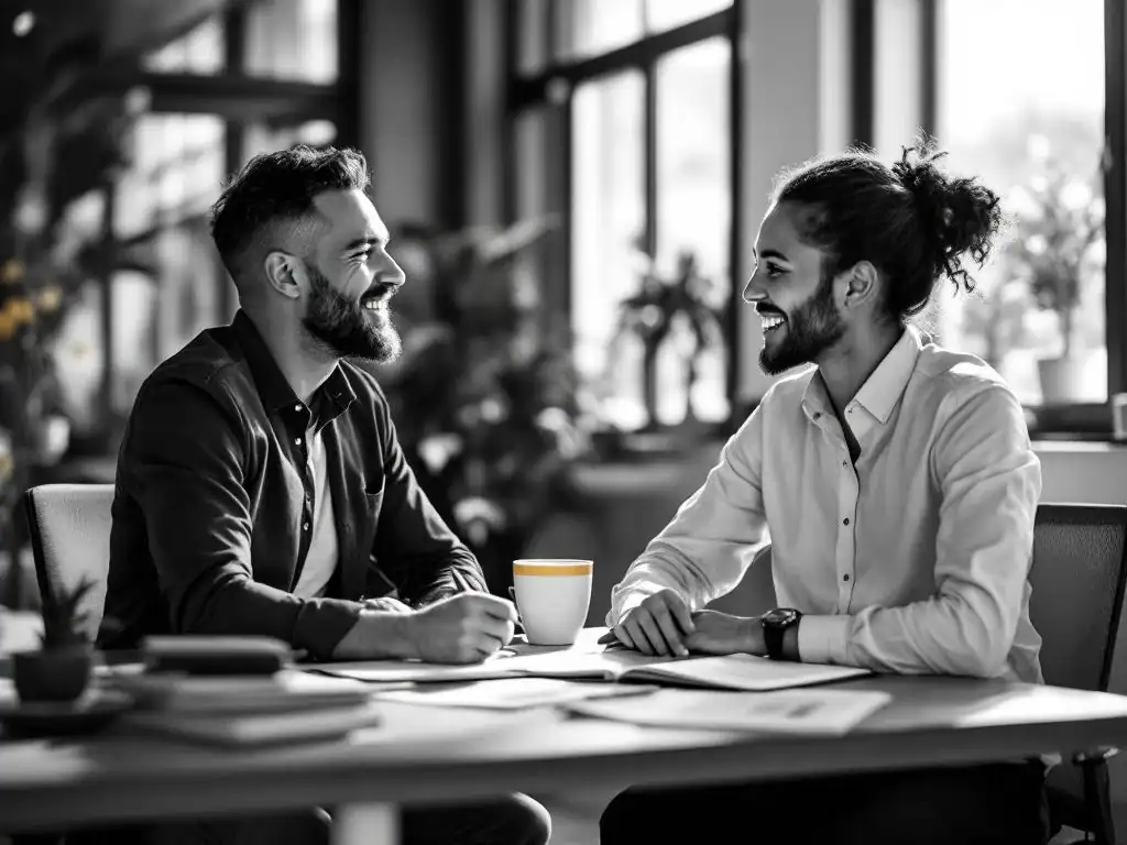 Bedrijfscoach en werknemer in gesprek over welzijn op werk aan modern bureau met gele bloemen, zwart-wit foto