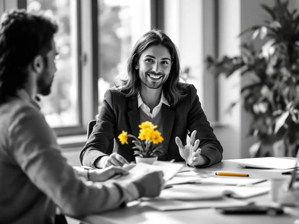 Professionele business coach bespreekt welzijnsdocumenten met geëngageerde medewerker aan modern bureau met gele bloem