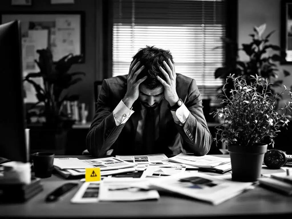 Gefrustreerde zakenman met hoofd in handen aan bureau met verspreide wellnessfolders en bedrijfsrapporten