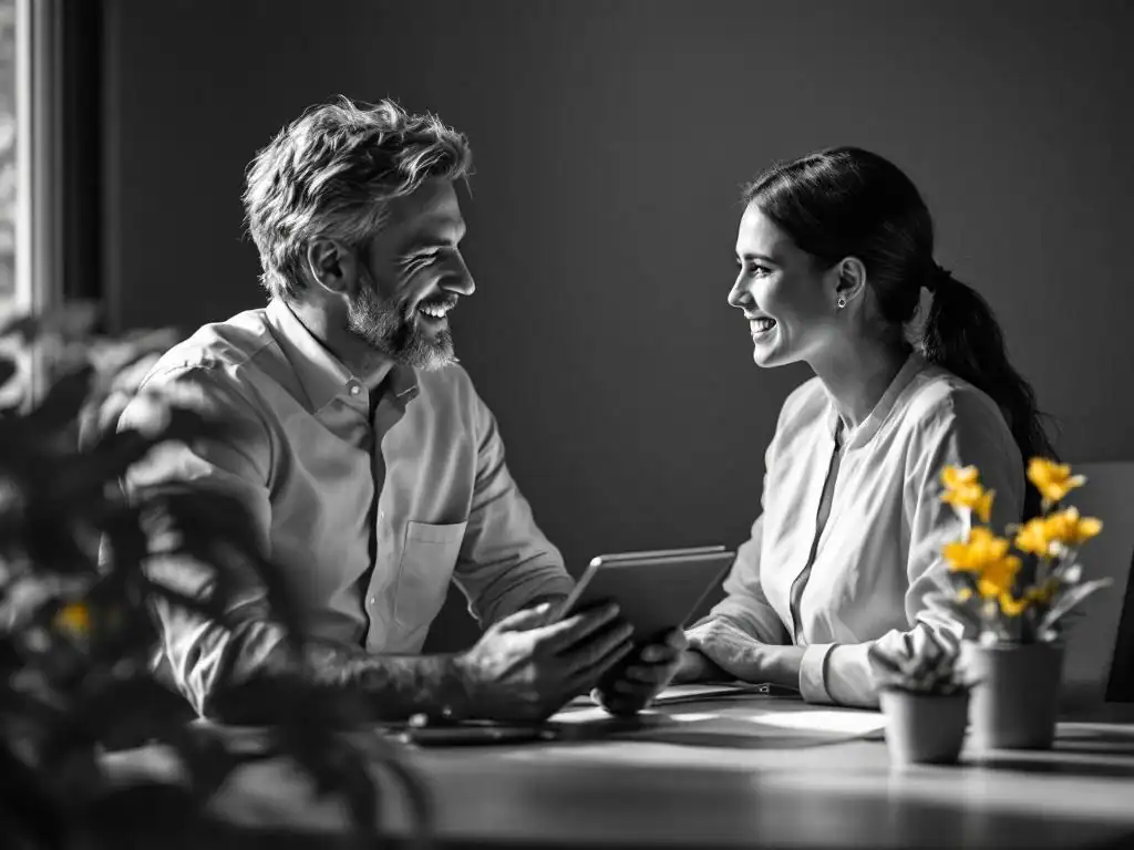 Bedrijfscoach en medewerker in gesprek aan bureau, coach toont wellnesschema's op tablet, gele bloemen op tafel