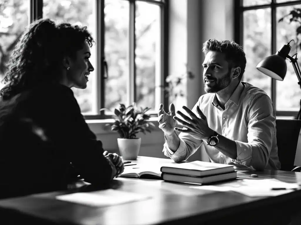 Professionele coach in gesprek met cliënt aan bureau met coaching handboeken, moderne kantooromgeving met natuurlijk licht