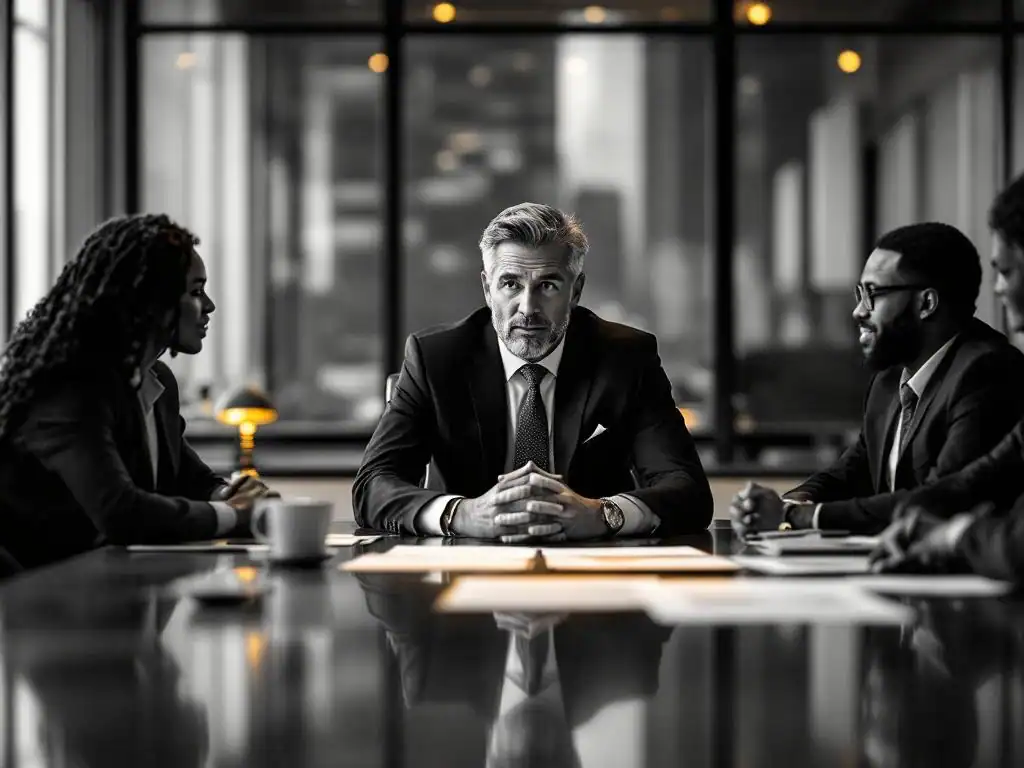 Zelfverzekerde directeur presenteert wellness programma's aan diverse managementteam rond vergadertafel in modern kantoor