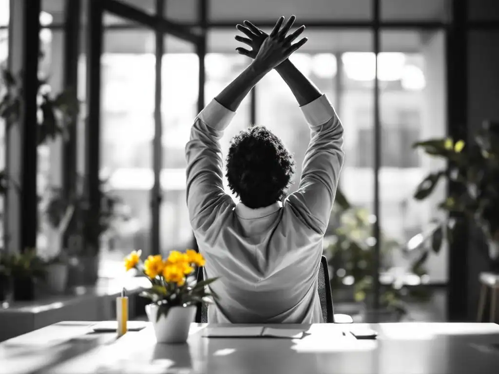 Kantoormedewerker strekt armen omhoog aan bureau met gele bloemen, zwart-wit foto met gele accenten