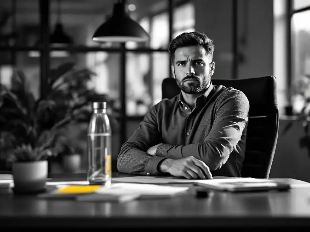 Kantoormedewerker met gekruiste armen kijkt twijfelend weg van wellness brochure en waterfles op modern bureau