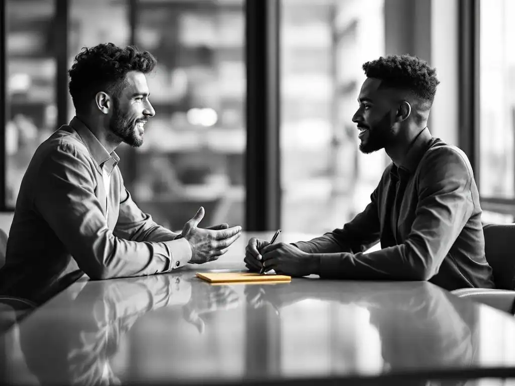 Professionele coach in gesprek met cliënt aan modern bureau, geel notitieblok tussen hen in, natuurlijk licht