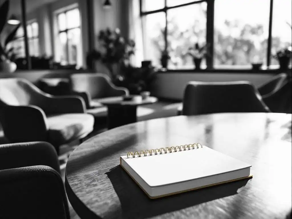 Professionele vergaderruimte met circulaire stoelenschikking en individueel bureau, coaching notebook op tafel, zwart-wit fotografie