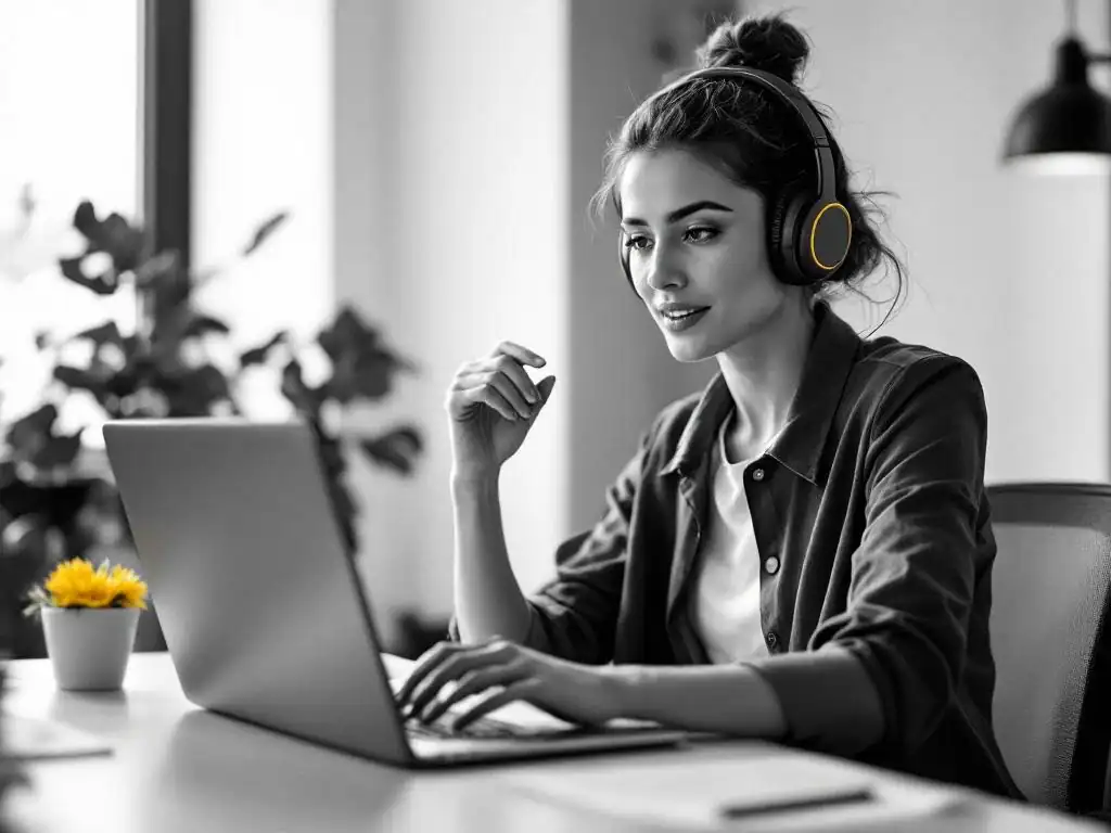 Professionele vrouw in videogesprek op laptop met draadloze koptelefoon in moderne thuiswerkplek met plant