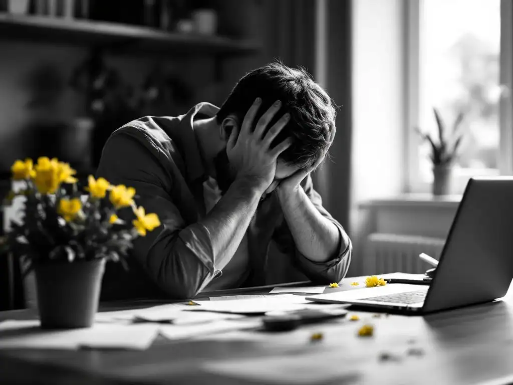 Uitgeputte professional met hoofd in handen aan bureau, gele bloemen in plantje bieden hoop tussen paperassen en laptop