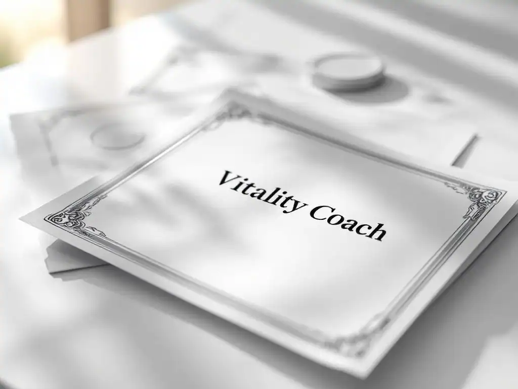 Professionele vitaliteitscoach certificaten en diploma's op wit bureau met gele accreditatie badge uitgelicht