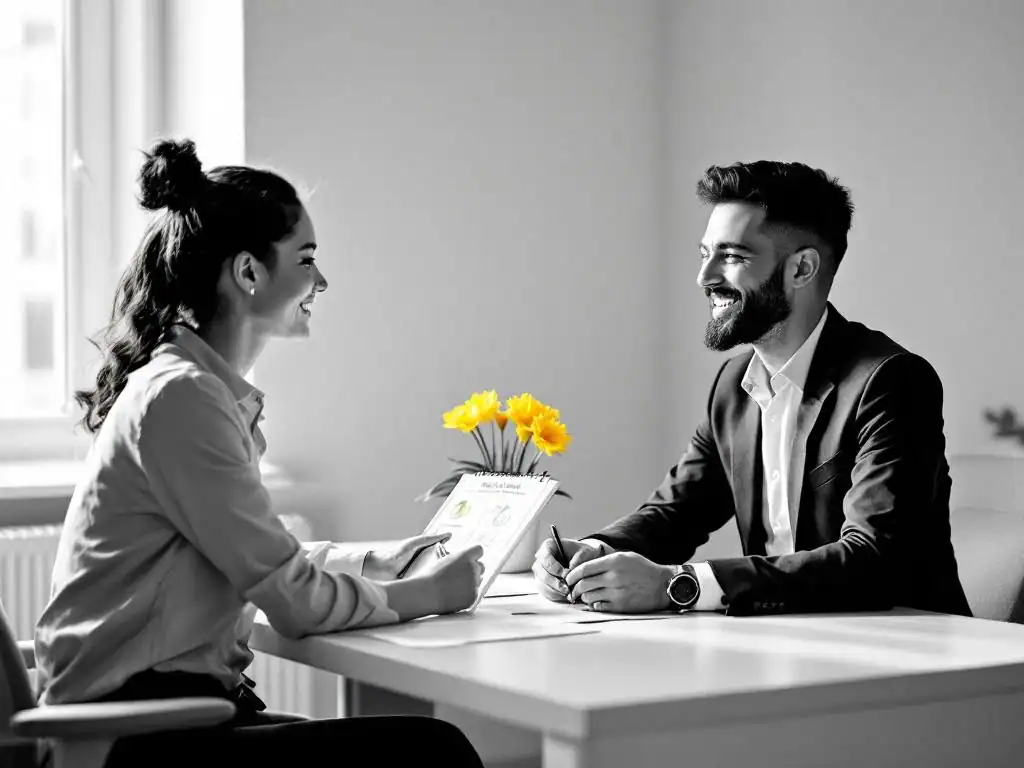 Vitaliteitscoach en zakelijke leidinggevende in gesprek aan bureau met wellnesschema's en gele bloemen