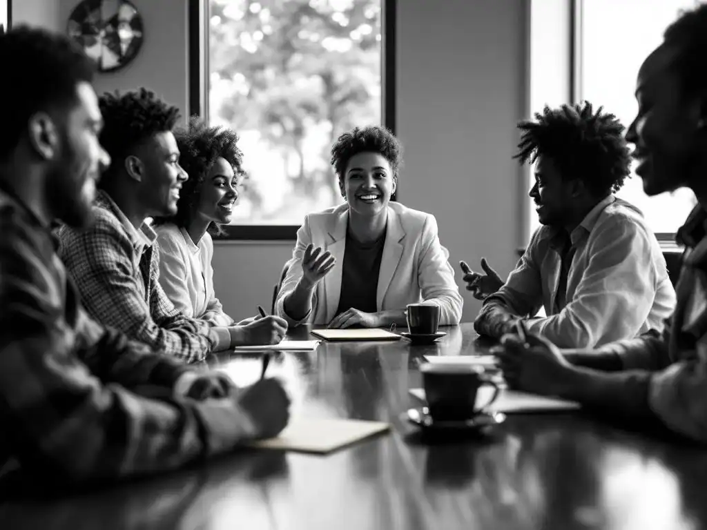 Diverse professionals in vitality coaching sessie rond conferentietafel, centrale persoon gebaart, gele notitieblok opvallend